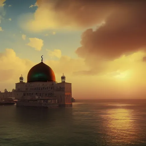 Image similar to an old mosque with huge dome and tall minarets, a sunset and a huge clouds in the background, heavy sea in front, on style of aivazovsky, 4k, epic lights, sun beams, ultra details, hyper realistic, octane render, unreal engine, unbelievable graphics, 8k,