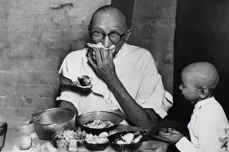 Image similar to candid photograph of ghandi secretly eating a bucket of kfc