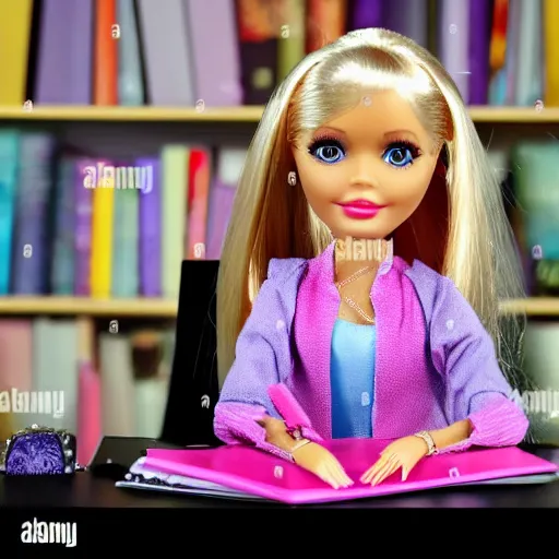 Prompt: a tired!!!!! and sad!!!!! looking barbie doll sits at a desk in her office. she is surrounded by towers!!!! of loose papers!!!!!. her head is resting on her hand, photorealistic,