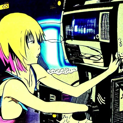 Image similar to anime of a punk cyborg woman breaking a crt tv, water particles floating in the air, finely detailed facial features, weathered drawing, film grain, bright neon lighting, dark pastel colors, drawn by satoshi kon, katsuhiro otomo