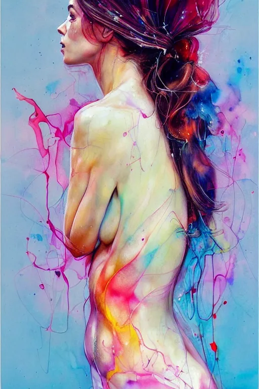 Image similar to sophia vergara by agnes cecile enki bilal moebius, intricated details, 3 / 4 back view, hair styled in a bun, bendover posture, full body portrait, extremely luminous bright design, pastel colours, drips, autumn lights