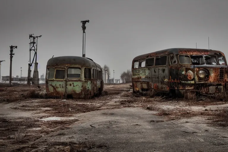 Prompt: low wide angle shot of dilapidated fallout 5, desolate rugged industrial area, few rusted retro futuristic vintage abandoned vehicles like cars, ( ( ( buses, trucks, trams ) ) ), volumetric lighting, photorealistic, foggy, early evening, winter, sharp focus, ultra detailed, 4 0 0 0 k