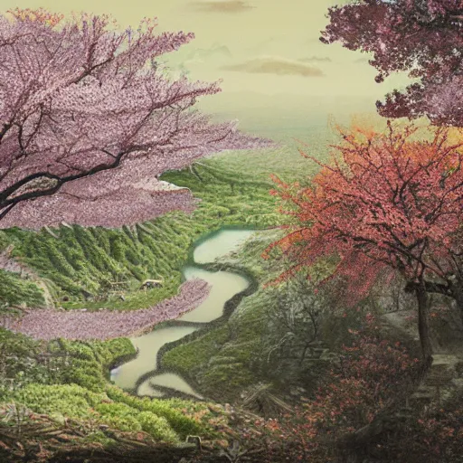 Image similar to matte painting of cherry blossoms in the trees entwining with venomous snakes