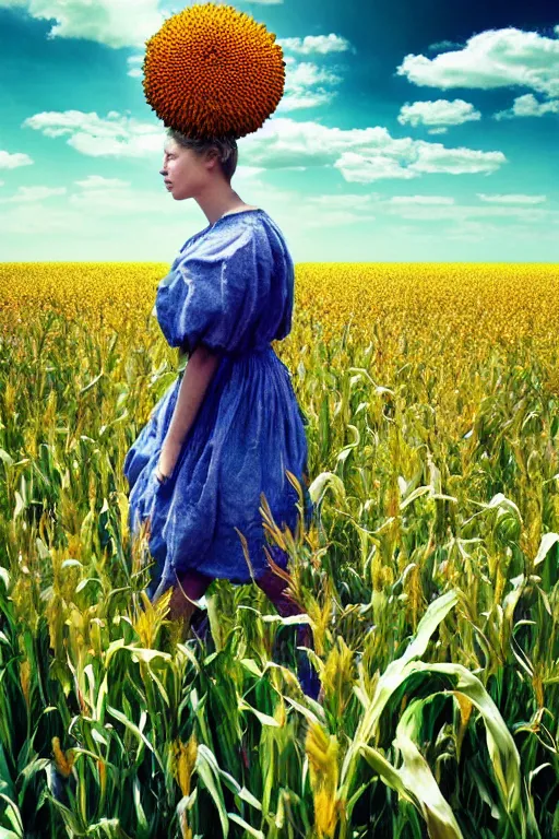 Prompt: giant corn flower head, girl walking in a flower field, surreal photography, dead body, dramatic light, impressionist painting, colorful clouds, digital painting, walter white, uncanny valley