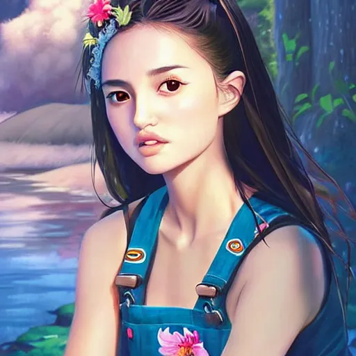 Image similar to a beautiful young japanese natalie portman alluring gravure model, wearing elegant designer overalls, elegant overalls with mesoamerican patterns, mesoamerican native street fashion, princess mononoke, by and wlop and ilya kuvshinov and artgerm and, aesthetic, gorgeous, stunning, alluring, attractive, artstation, pinterest, digital art