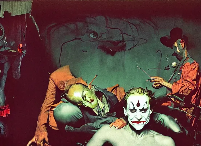 Prompt: a still from the movie joker by of francis bacon, surreal forest, norman rockwell and james jean, greg hildebrandt, and mark brooks, triadic color scheme, by greg rutkowski, in the style of francis bacon and syd mead and edward hopper and norman rockwell and beksinski, dark surrealism, open ceiling