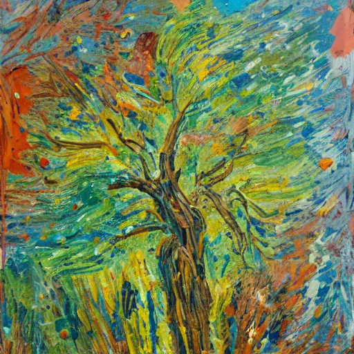 Prompt: oil paint impasto relief, tree in a field, multi layered abstract texture thick brush marks, some splattered paint, in the style of monet and frank auerbach