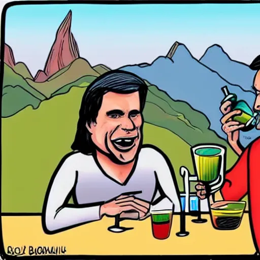 Image similar to cartoon drawing of Bolsonaro and Lula together drinking a lemon drink with Rio de Janeiro mountains on the background