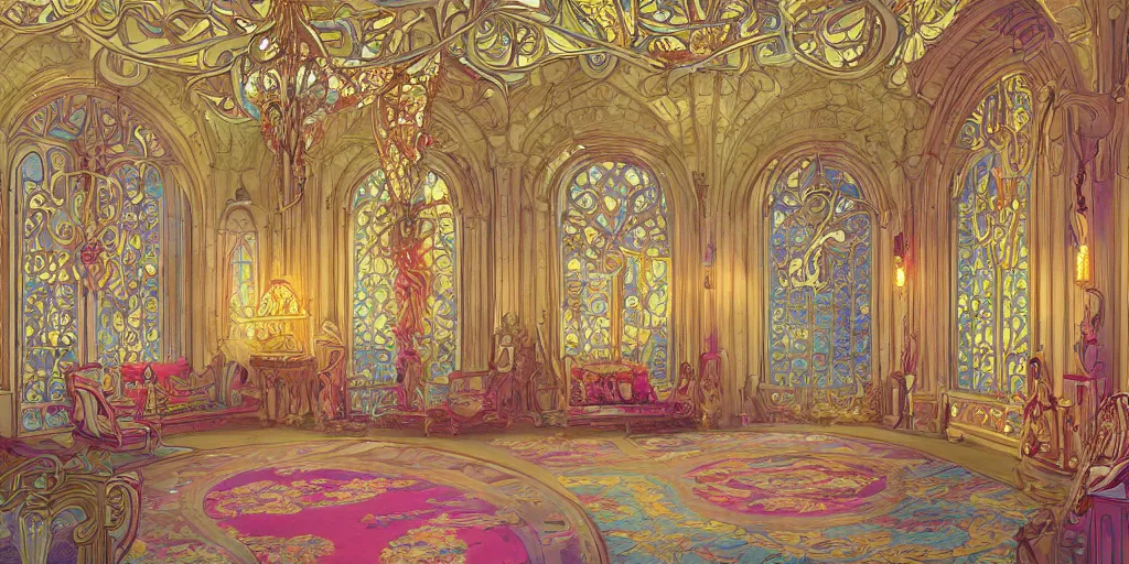 Prompt: an art nouveau decorated throne room in a palace, magical, bright, colorful, fantastic lighting, amazing details, 4 k uhd, illustration by hayao miyazaki and makoto shinkai and ilya kuvshinov, artstation, pixiv,