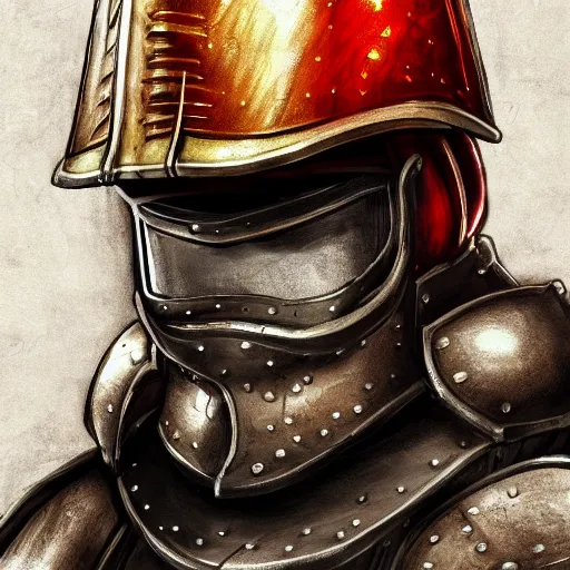 Image similar to An old man with a ginger beard, wearing knights armour and a fire fighters helmet, highly detailed, digital art, sharp focus, trending on art station, anime art style