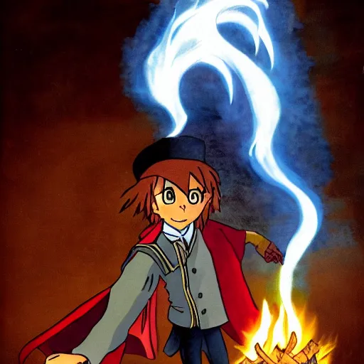 Image similar to A young wizard casting a fire spell in the style of howl's moving castle