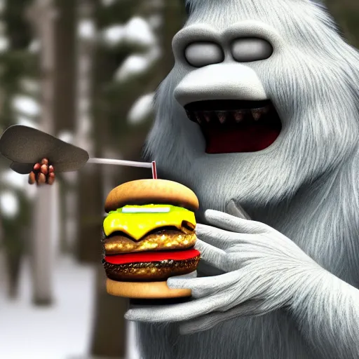 Image similar to anthropomorphic 3D yeti eating cheeseburger in forest