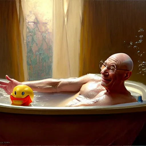 Image similar to fully clothed patrick stewart in a bathtub with a rubber duck, highly detailed painting by gaston bussiere, j. c. leyendecker, greg rutkowski, craig mullins 8 k