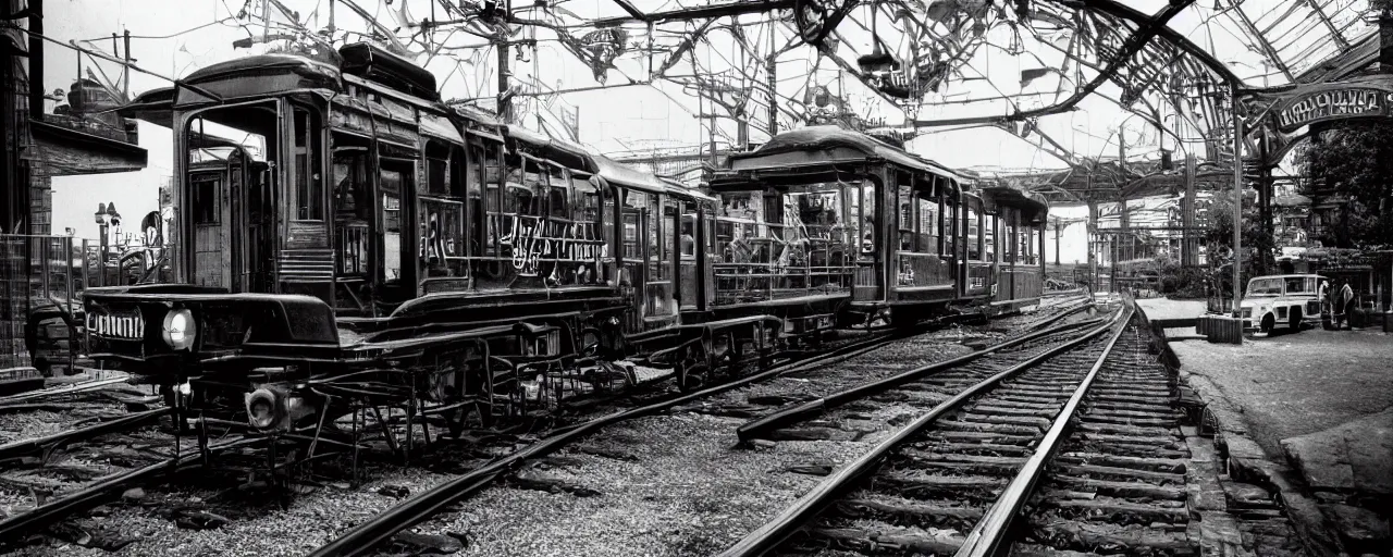 Image similar to early trains built with spaghetti engines, canon 5 0 mm, cinematic lighting, photography, retro, black and white film, kodachrome