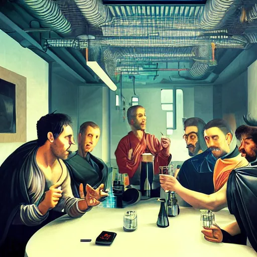 Prompt: detailed digital art of five male artists talking intelligently in a futuristic cyberpunk cafe while drinking beer in style of caravaggio, chiaroscuro, hieronymus bosch, tenebrism, blade runner, muted colors, 4 k