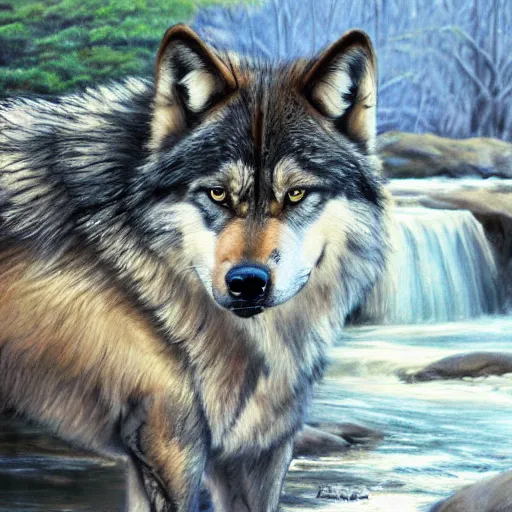 Image similar to A majestic and beautiful wild wolf out by a river with its head down taking a drink from the stream while it's ears are up and alert listening for danger with trees behind it, set in warm spring where it is sunny and windy, award winning, oil painting, 8k