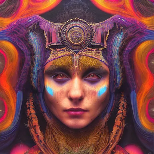 Image similar to Ayahuasca tripping cult magic psychic woman, subjective consciousness psychedelic, occult ritual, dark witch headdress, oil painting, robe, symmetrical face, greek dark myth, by John William Godward, Sean yoro, Anna Dittman, masterpiece