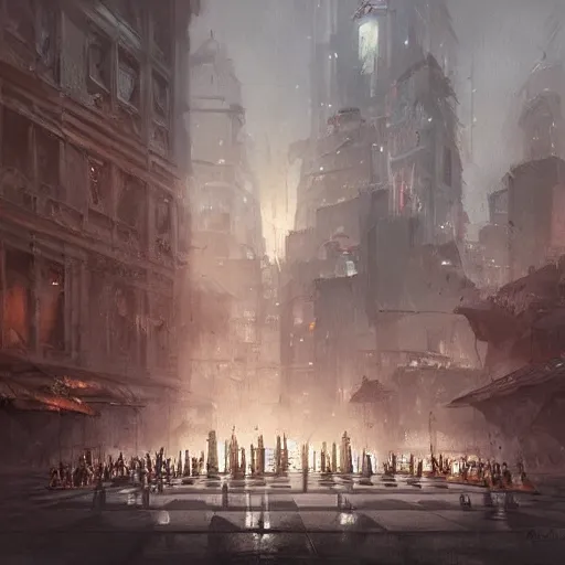 Prompt: concept art of a city whose inhabitants are chess pieces, by greg rutkowski