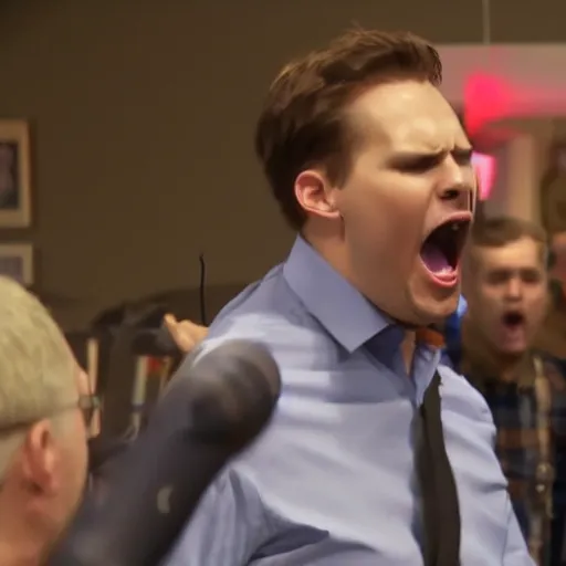 Prompt: a man screaming while standing behind jerma