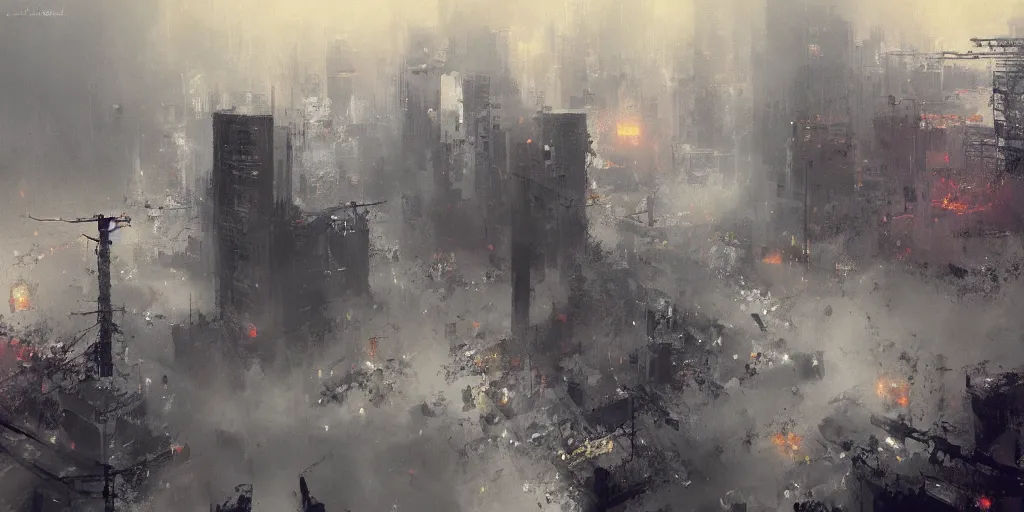 Prompt: on a foggy morning, cloudy day, a nuclear bomb exploded in tokyo, by craig mullins