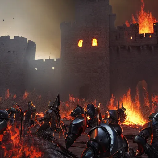 Prompt: medieval knights sieging an org castle while surrounded by fire and angry , Fantasy Apocalypse, MMO, Digital Art, 8k, Unreal Engine 5