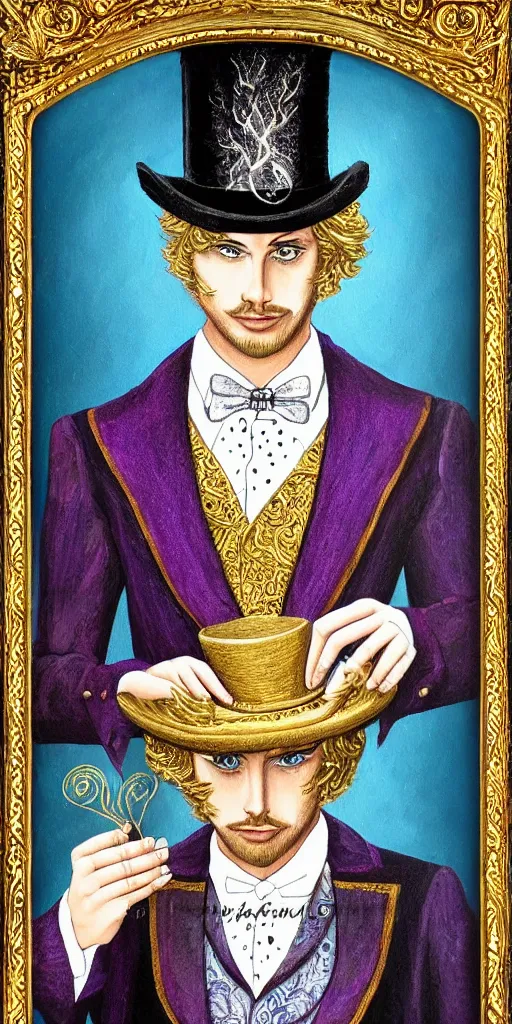 Image similar to beautiful detailed acrylic painting mystical mentalist man, has blond hair and a top hat. Wearing embroidered noble clothes. Heterochroma eyes. A small book with gold filigree in hand. Renaissance. Fantasy.