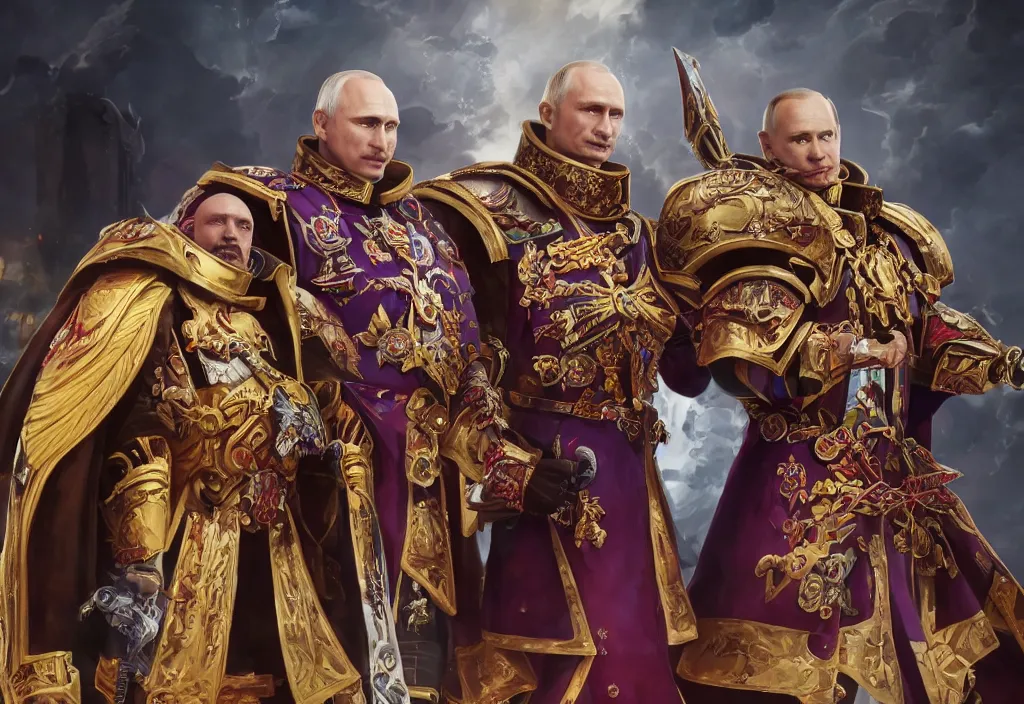 Image similar to portrait of vladimir putin as emperor and dmitryi medvedev as fulgrim in warhammer 4 0 k, 4 k, 8 k, octane render