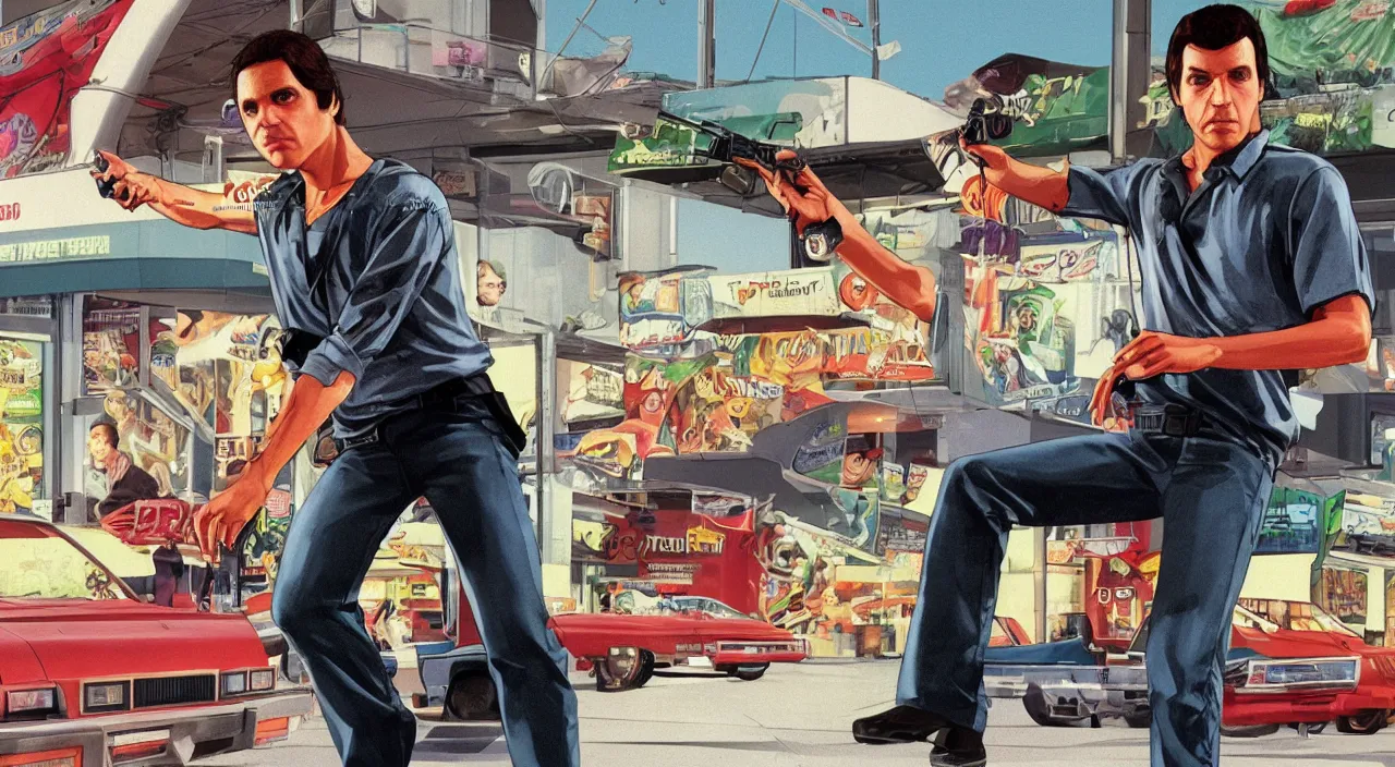 Image similar to GTA V illustration of 1980s Ralph Macchio on the cover of GTA V, in the food court of a 1980’s shopping mall