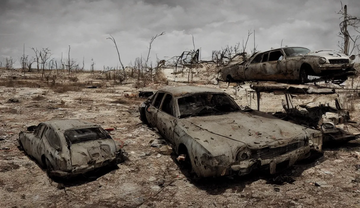 Image similar to a post apocalyptical car abandoned in a wasteland, max max style, low angle view