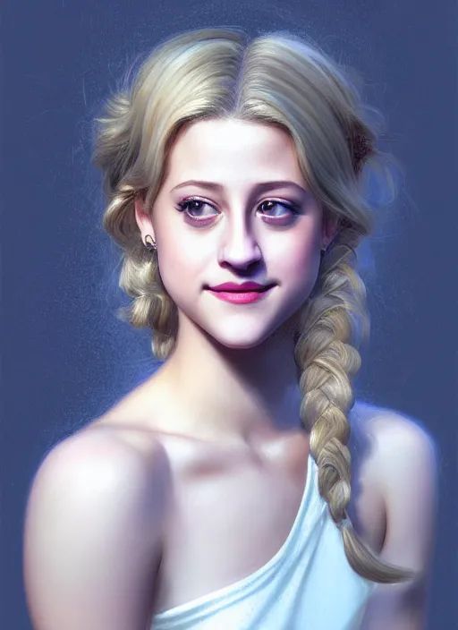 Image similar to portrait of lili reinhart with fluffy bangs, smiling kindly, bangs, 1 9 6 0 s, ponytail, curly bangs and ponytail, rounder face, intricate, elegant, glowing lights, highly detailed, digital painting, artstation, concept art, smooth, sharp focus, illustration, art by wlop, mars ravelo and greg rutkowski