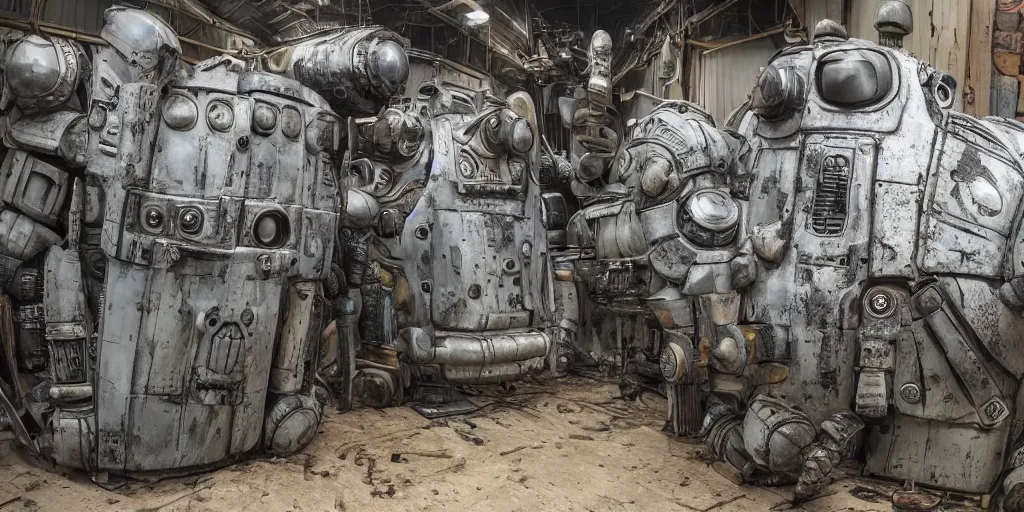 Image similar to wide angle panorama shot photo taken of an epic intricate, ultra detailed, super realistic gritty, hero prop, exquisitely weathered very clunky, bulky fallout 5 power armour suits movie prop replica's in a row in the workshop, created by weta workshop, full body shot, photorealistic, sharp focus, white wall, cold colour temperture