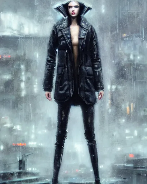 Prompt: detailed European Pretty Young Girl Storm Rain bladerunner movie Jacket coat, Futuristic sci-fi fashion, royal attire, low-emission-neon by ismail inceoglu dragan bibin hans thoma greg rutkowski Alexandros Pyromallis Nekro Rene Margitte illustrated Perfect face, sharp chine, fine details, realistic shaded, fine-face, pretty face