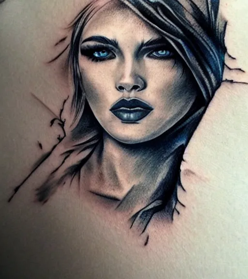 Image similar to tattoo design sketch of a beautiful blue - eyed woman face with a faded background of beautiful mountains and nature on her side, hyper - realistic, in the style of den yakovlev, amazing detail, black and white