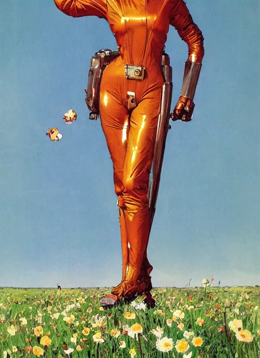 Image similar to tall elegant woman wearing a latex spacesuit standing in flowery martian meadow, by norman rockwell, jack kirby, jon berkey, earle bergey, craig mullins, ruan jia, jeremy mann, tom lovell, marvel, astounding stories, 5 0 s pulp illustration, scifi, fantasy