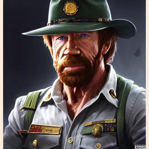 Prompt: hyperrealistic portrait of chuck norris, highly decorated uniform, highly detailed, hyperrealistic, digital painting, artstation, concept art, smooth, sharp focus, illustration, cinematic lighting, art by artgerm and greg rutkowski and alphonse mucha