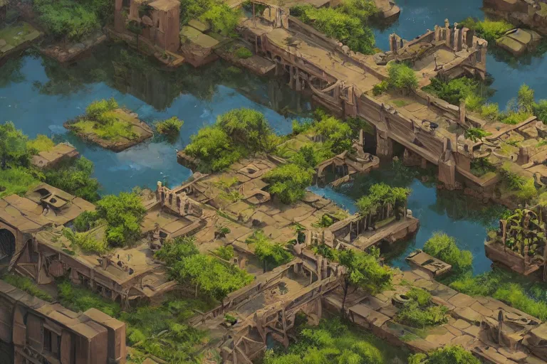 Image similar to ancient city, lake, plants, isometric art, isometric illustration, artstation, highly detailed, post processing, cinematic lighting + masterpiece