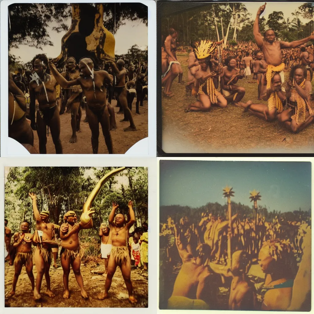 Prompt: Polaroid Photo of Papua Nova Guine habitants worshipping a golden calf