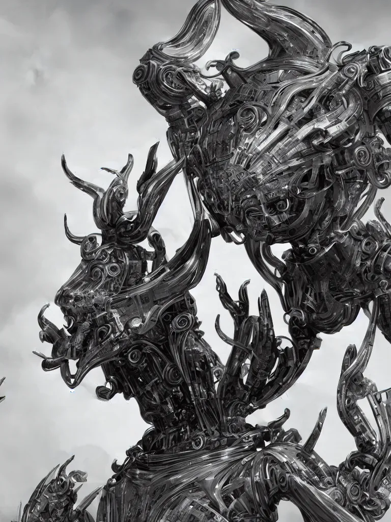 Prompt: Techno-God is an ancient mechanical gray giant chaotic horned humanoid, digital art, 16k, hyperrealism, high detail, ray tracing, concept art, octane render