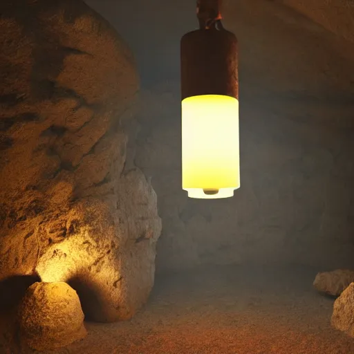 Image similar to japanese lamp inside a cave, photorealistic rendering, atmospheric light, octane, redshift