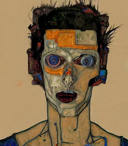 Image similar to portrait of a robot by egon schiele in the style of greg rutkowski