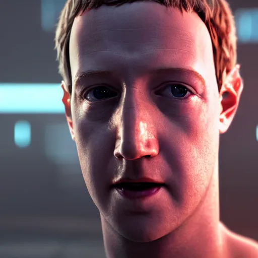 Prompt: Mark Zuckerberg as a creepy futuristic Android , film still from The blade Runner 2049, hyperrealistic, highly detailed, depth of field, High definition, 8k, octane render, artstation