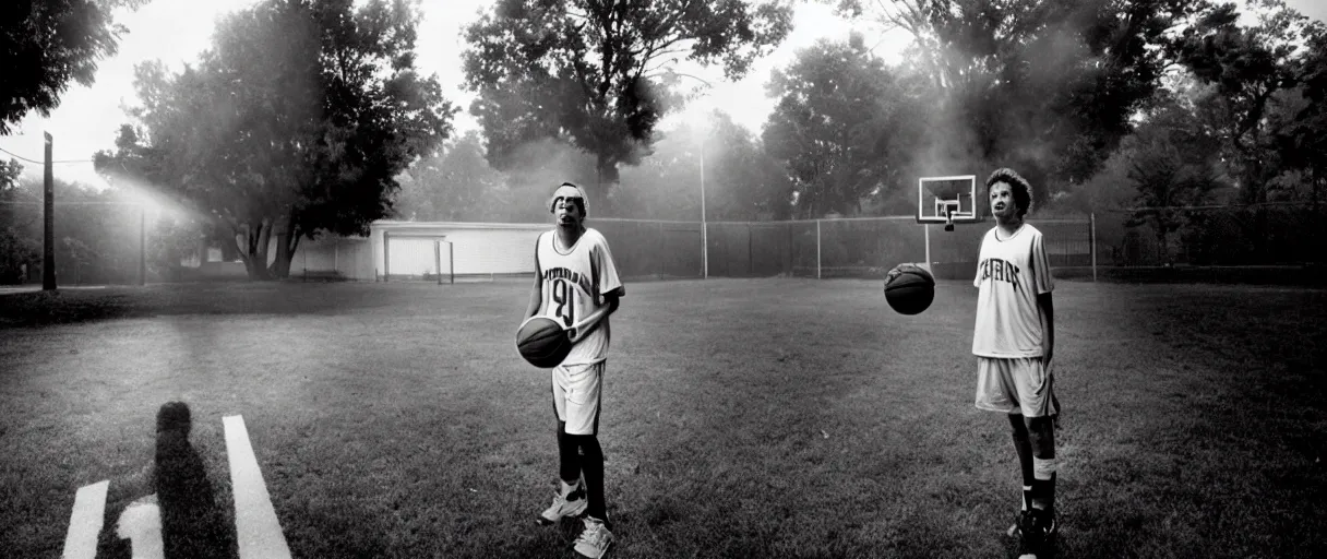 Image similar to award winning photo of todd solondz playing basketball in the hood and smoking weed, vivid colors, happy, symmetrical face, beautiful eyes, studio lighting, wide shot art by sally mann & arnold newman