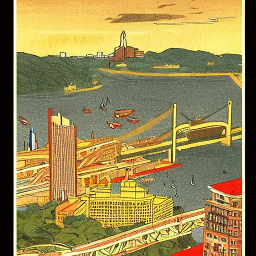 Image similar to city of pittsburgh in the style of hiroshi yoshida, hiroshi yoshida, shin - hanga