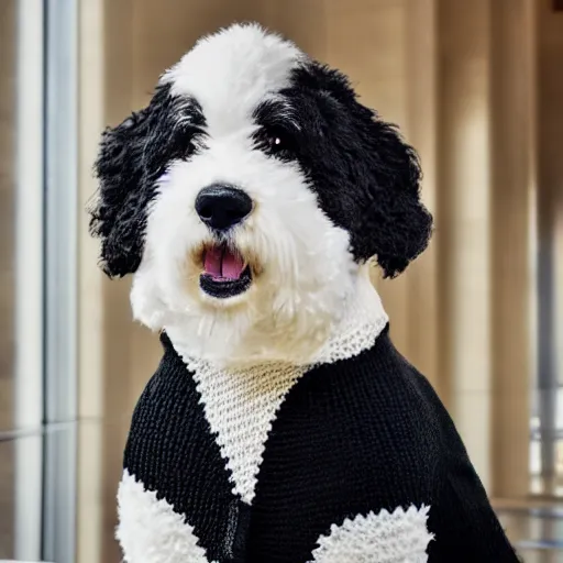 Image similar to a closeup photorealistic photograph of a cute smiling knitted bernedoodle judge dog dressed in a black gown, presiding over the courthouse. indoors, professional capture, well lit shot. this 4 k hd image is trending on artstation, featured on behance, well - rendered, extra crisp, features intricate detail, epic composition and the style of unreal engine.