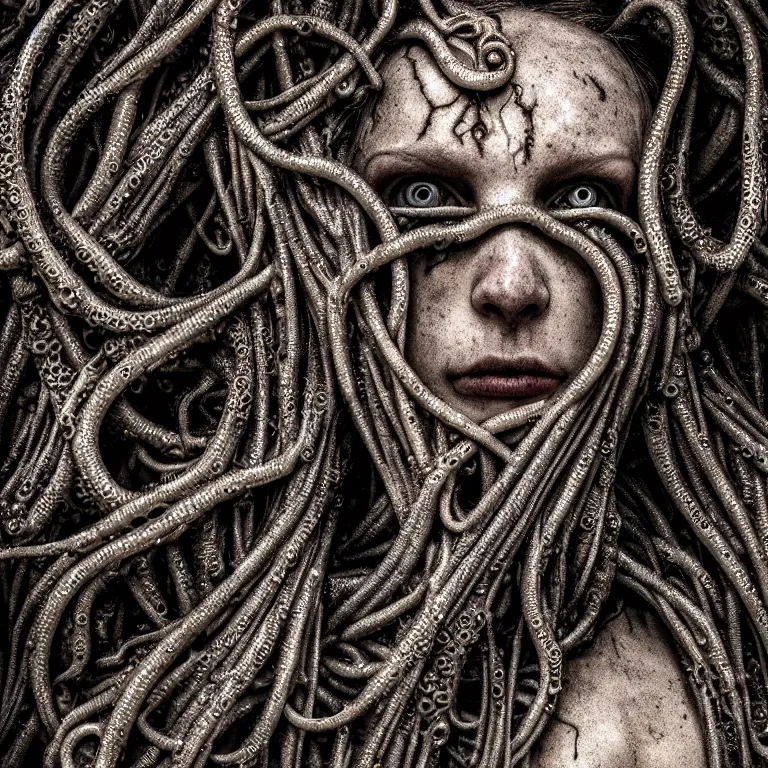 Image similar to ribbed abandoned closeup face portrait of angel, covered with tentacles, roots, wires, tubes, baroque painting, standing in a desolate empty wasteland, creepy, nightmare, dream-like heavy atmosphere, surreal abandoned buildings, beautiful detailed intricate insanely detailed octane render trending on Artstation, 8K artistic photography, photorealistic, chiaroscuro, Raphael, Caravaggio, Beksinski, Giger