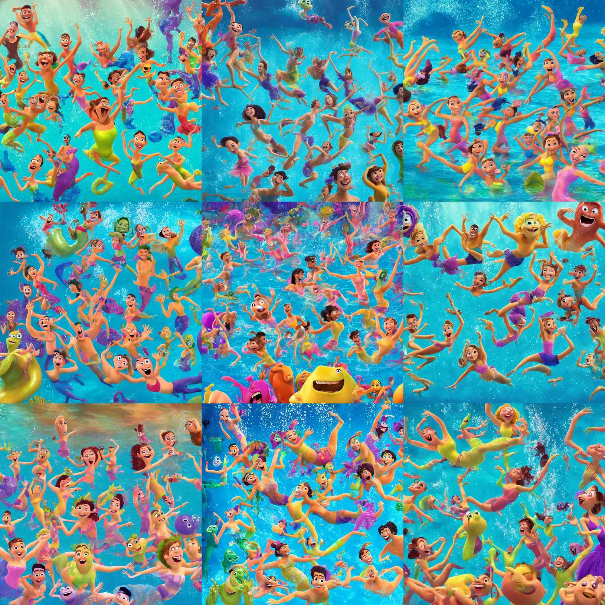 Prompt: full body shot of a bunch of dancers dancing underwater at a waterpark, pixar illumination studios dreamworks animated movie by pete docter, fun!!! happy!!! extremely joyful and eerie smiles, slimy fluid liquid