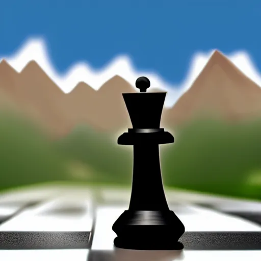 Image similar to knight chess piece playing piano, chessboard background, mountains further away