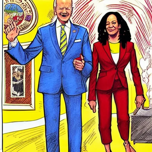 Image similar to The Artwork of R. Crumb and his Cheap Suit - Joe Biden and Kamala Harris, pencil and colored marker artwork, trailer-trash lifestyle