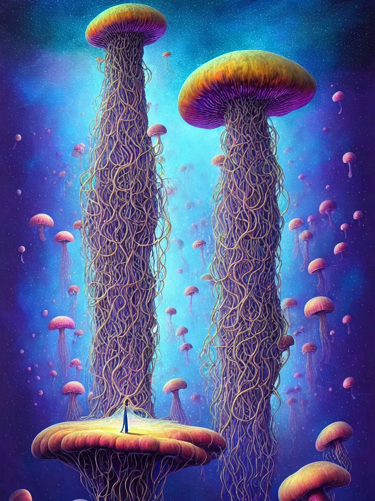 Prompt: portrait of queen of dreams, extremely beautiful is floating among many nebula stars with lots of gigantic mushrooms and jellyfish, symmetrical composition, by gediminas pranckevicius, jacek yerka, rob gonsalves, peter gric, digital painting, octane rendered, crepuscular rays, neon colors vibrant colors, trending on artstation