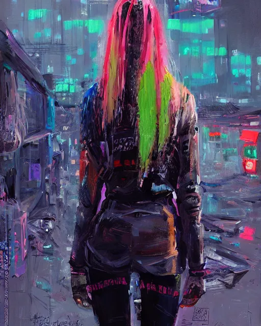 Image similar to detailed portrait Neon guard woman with long straight blonde hair seen from the back, cyberpunk futuristic, reflective puffer jacket, black leggings, decorated with traditional ornaments in front of a dystopian crowd with piles of garbage by Ismail inceoglu dragan bibin hans thoma, Perfect face, fine details, realistic shaded, fine-face, pretty face